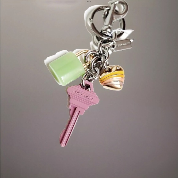COACH Key Cluster Bag Charm Key Chain Fob Silver/Pink Multi Green Heart RT$128 - Picture 3 of 4